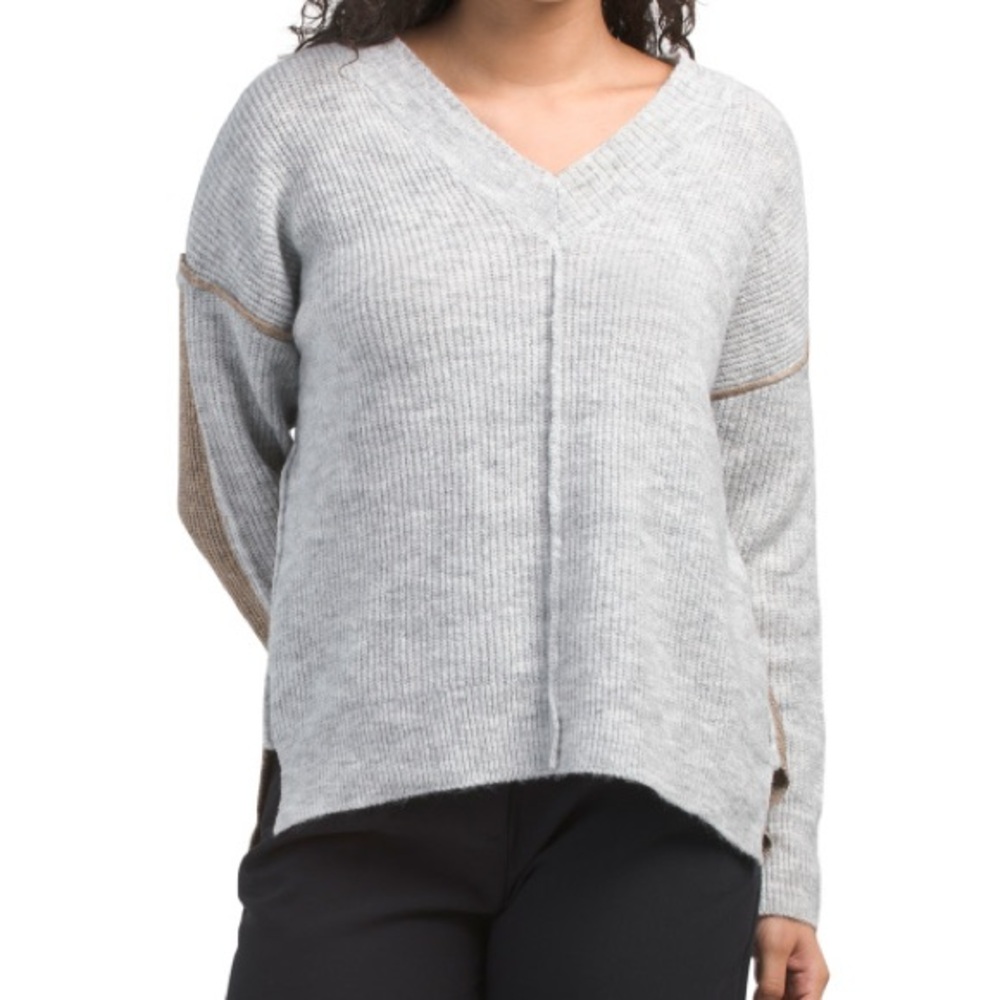 Theo & Spence V-Neck Two Tone Exposed Seam Sweater in Gray and Tan
